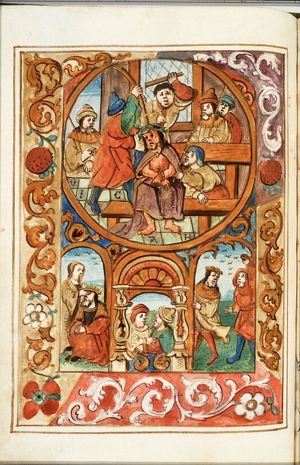 Typological juxtaposition: Christ is crowned with thorns; Apamene, King Darius' concubine, takes the crown off the king's head; unidentified scene of one man gripping the arm of another man (David's ambassadors mistreated by the Ammonites?); Shimei curses David and casts stones at him