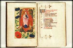 Madonna: Mary <standing> on the crescent, holding the Christ-child