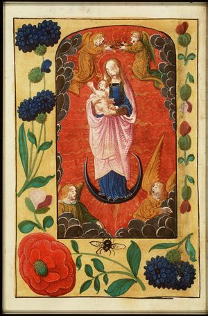 Madonna: Mary <standing> on the crescent, holding the Christ-child