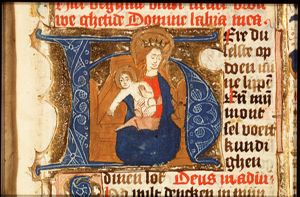Mary enthroned with the Christ-child in front of her, sitting in her lap