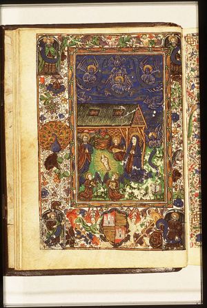 The Nativity: the adoration of the Christ-child by Mary, St. Joseph, and angels