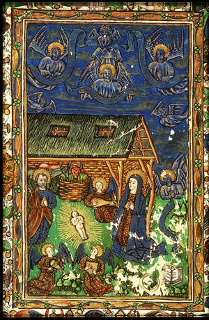 The Nativity: the adoration of the Christ-child by Mary, St. Joseph, and angels