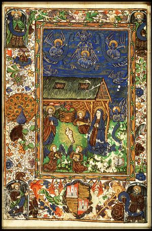 The Nativity: the adoration of the Christ-child by Mary, St. Joseph, and angels
