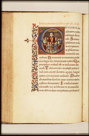 David playing the harp, surrounded by musicians and dancing children