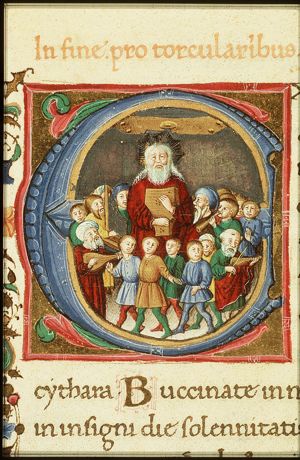 David playing the harp, surrounded by musicians and dancing children