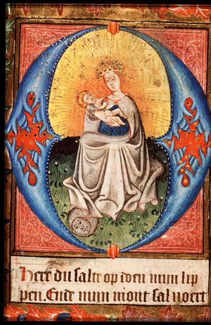 Madonna: Mary holding the Christ-child, a crescent at her feet