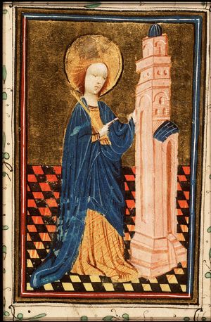 St. Barbara holding a palm, before the tower