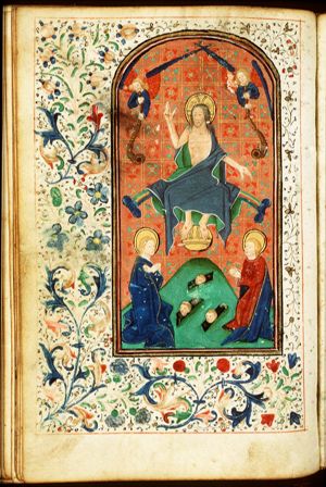 The Last Judgement: Christ on a rainbow raises the dead in the presence of Mary and St. John the Baptist; trumpeting angels