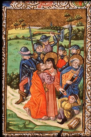 The arrest of Christ: the kiss of Judas; the ear of Malchus cut off by St. Peter