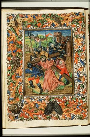 The carrying of the cross: Christ bears the cross with the help of Simon the Cyrenian