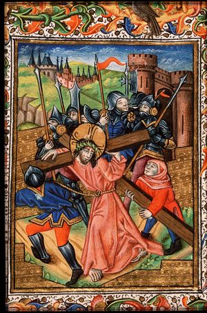 The carrying of the cross: Christ bears the cross with the help of Simon the Cyrenian