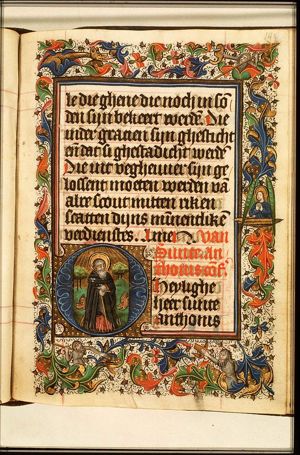 St. Antony Abbot of Egypt standing on flames and holding a staff, with two pigs