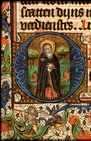 St. Antony Abbot of Egypt standing on flames and holding a staff, with two pigs