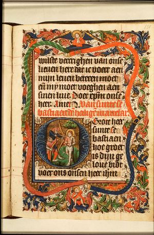 The martyrdom of St. Sebastian: tied to a tree, he is pierced by arrows