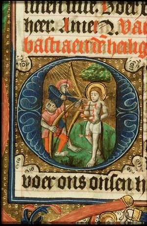 The martyrdom of St. Sebastian: tied to a tree, he is pierced by arrows