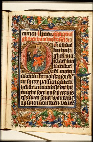 St. Christopher carries the Christ-child, a hermit guiding him with a candle