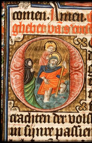 St. Christopher carries the Christ-child, a hermit guiding him with a candle