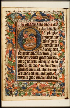 The martyrdom of St. Erasmus of Formiae: his bowels are wound on to a windlass