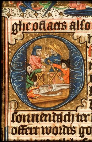 The martyrdom of St. Erasmus of Formiae: his bowels are wound on to a windlass