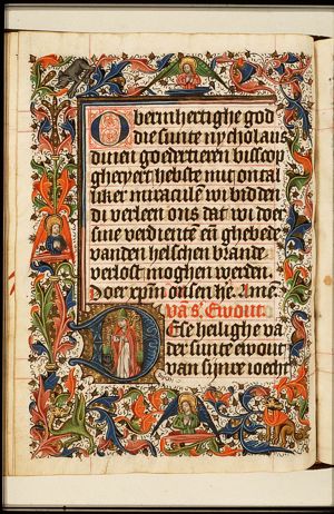 St. Hewald with a staff, holding the devil by a leading-string