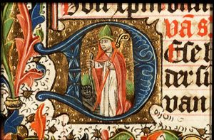 St. Hewald with a staff, holding the devil by a leading-string