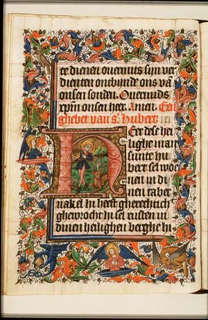 St. Hubert of Liège with a hunting horn, the stag with the crucifix at his feet