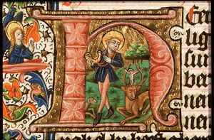St. Hubert of Liège with a hunting horn, the stag with the crucifix at his feet