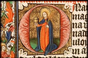 St. Mary Magdalene holding a jar of ointment and a palm