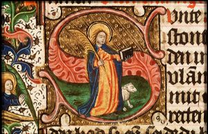 St. Agnes of Rome holding a palm and a book, a lamb at her feet