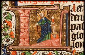St. Catherine of Alexandria holding a wheel and a sword, with Emperor Maxentius at her feet