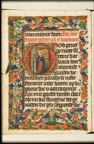 St. Barbara holding a palm and a book, before the tower