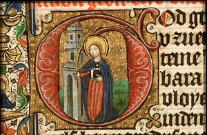 St. Barbara holding a palm and a book, before the tower