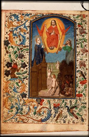 The Last Judgement: Christ on a rainbow raises the dead in the presence of Mary and St. John the Baptist; trumpeting angels, devil dragging the damned into hell