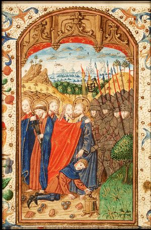 The arrest of Christ: the kiss of Judas; the ear of Malchus cut off by St. Peter