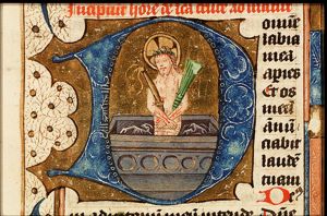 Man of Sorrows: Christ in his tomb holding the Instruments of the Passion