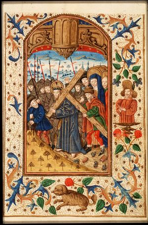 The carrying of the cross: Christ bears the cross with the help of Simon the Cyrenian