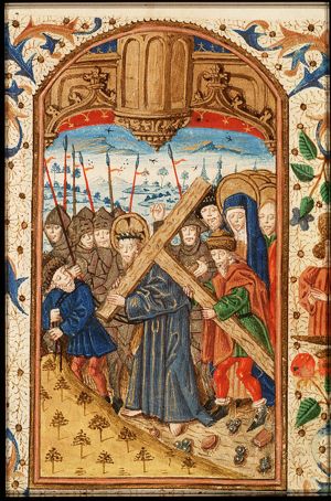 The carrying of the cross: Christ bears the cross with the help of Simon the Cyrenian
