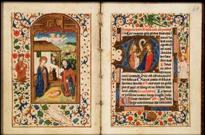 The Nativity: the adoration of the Christ-child by Mary and St. Joseph, who is holding a candle; annunciation of Christ's birth to the shepherds (background)
