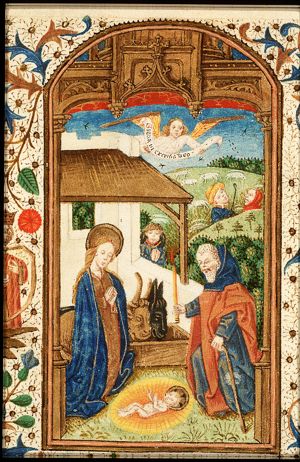 The Nativity: the adoration of the Christ-child by Mary and St. Joseph, who is holding a candle; annunciation of Christ's birth to the shepherds (background)
