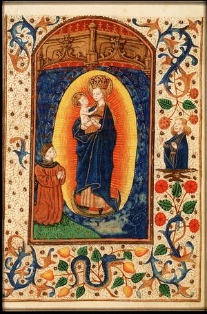 Madonna: Mary standing on the crescent, holding the Christ-child, with kneeling donor(?) at prayer