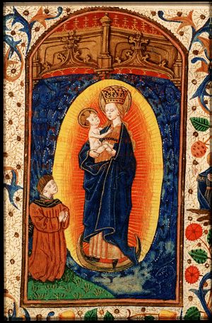 Madonna: Mary standing on the crescent, holding the Christ-child, with kneeling donor(?) at prayer