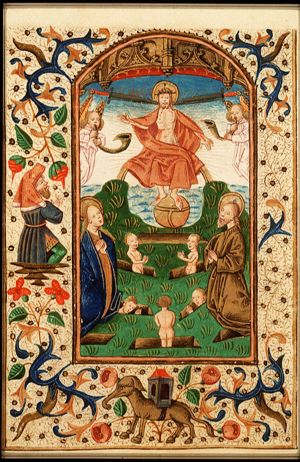 The Last Judgement: Christ on a rainbow raises the dead in the presence of Mary and St. John the Baptist; trumpeting angels