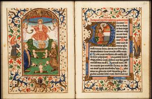 The Last Judgement: Christ on a rainbow raises the dead in the presence of Mary and St. John the Baptist; trumpeting angels