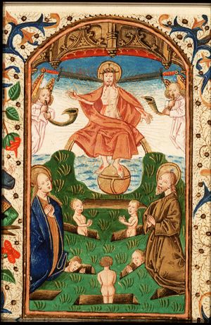 The Last Judgement: Christ on a rainbow raises the dead in the presence of Mary and St. John the Baptist; trumpeting angels