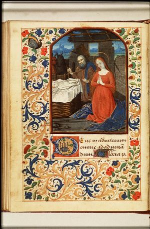 The Nativity: the adoration of the Christ-child by Mary and St. Joseph who is holding a candle