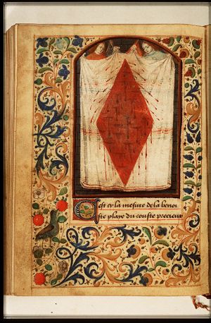 Two angels holding a shroud with the Holy Wound