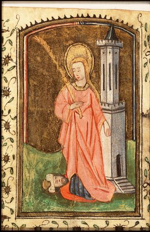 St. Barbara holding a palm, a tower beside her, Dioscuros at her feet