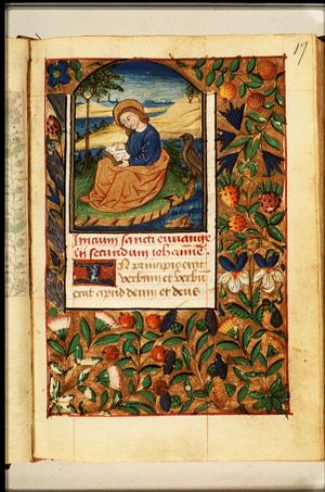 The Evangelist St. John reading on the island of Patmos, with his symbol the eagle