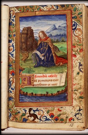 The Evangelist St. John writing on the island of Patmos, with his symbol the eagle