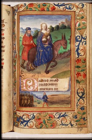 The Flight into Egypt: Mary, St. Joseph and the Christ-child on their way, soldiers of Herod questioning the farmer, who is cutting the ripe wheat(?)